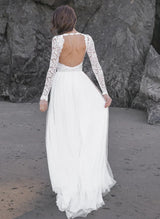 Boho Garden Lace Chic A-line Open Back Long Sleeves Wedding Dresses Tulle-Dbrbridal