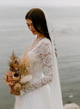 Boho Garden Lace Chic A-line Open Back Long Sleeves Wedding Dresses Tulle-Dbrbridal