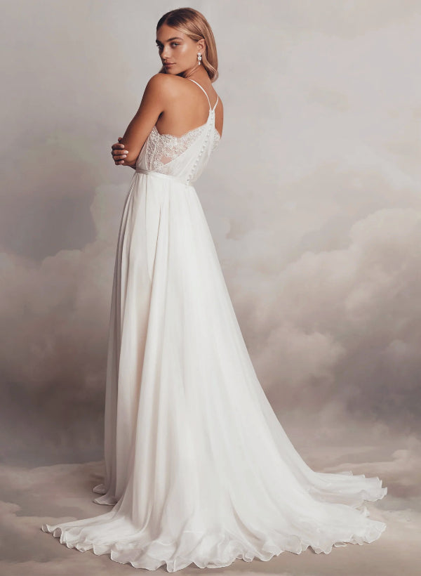 Boho Garden Lace Chic A-line Wedding Dresses V-neck Chiffon Sweep Train-Dbrbridal