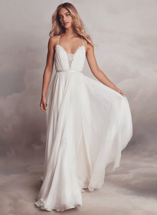 Boho Garden Lace Chic A-line Wedding Dresses V-neck Chiffon Sweep Train-Dbrbridal