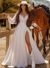 Boho Garden Lace Long Sleeves Chic A-line Wedding Dresses-Dbrbridal