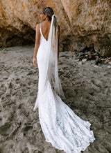 Boho Garden Lace Open Back Mermaid Fitted Wedding Dresses Court Train-Dbrbridal