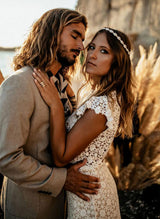 Boho Garden Lace Short Sleeves Wedding Dresses Front Split-Dbrbridal