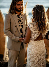 Boho Garden Lace Short Sleeves Wedding Dresses Front Split-Dbrbridal