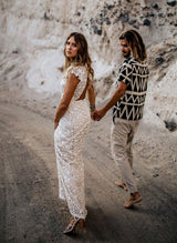 Boho Garden Lace Short Sleeves Wedding Dresses Front Split-Dbrbridal