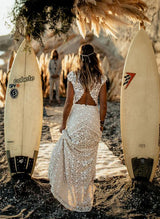 Boho Garden Lace Short Sleeves Wedding Dresses Front Split-Dbrbridal