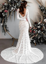 Boho Garden Lace Trumpet Mermaid Fitted Long Sleeves Wedding Dresses Court Train-Dbrbridal