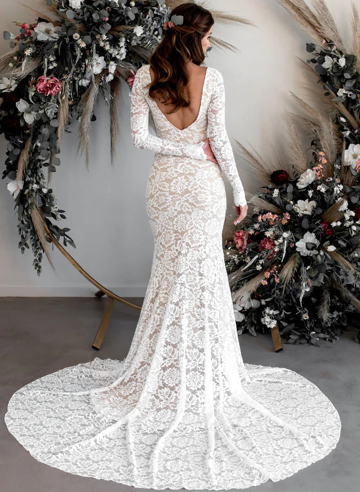 Boho Garden Lace Trumpet Mermaid Fitted Long Sleeves Wedding Dresses Court Train-Dbrbridal