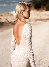Boho Garden Lace Trumpet Mermaid Fitted Long Sleeves Wedding Dresses Court Train-Dbrbridal