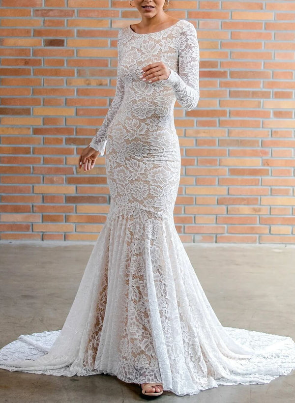 Boho Garden Lace Trumpet Mermaid Fitted Long Sleeves Wedding Dresses Court Train-Dbrbridal