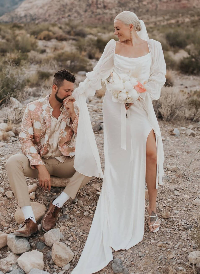 Boho Garden Long Sleeves Sheath Fitted Cowl Neck Slit Wedding Dresses-Dbrbridal