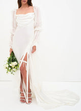 Boho Garden Long Sleeves Sheath Fitted Cowl Neck Slit Wedding Dresses-Dbrbridal