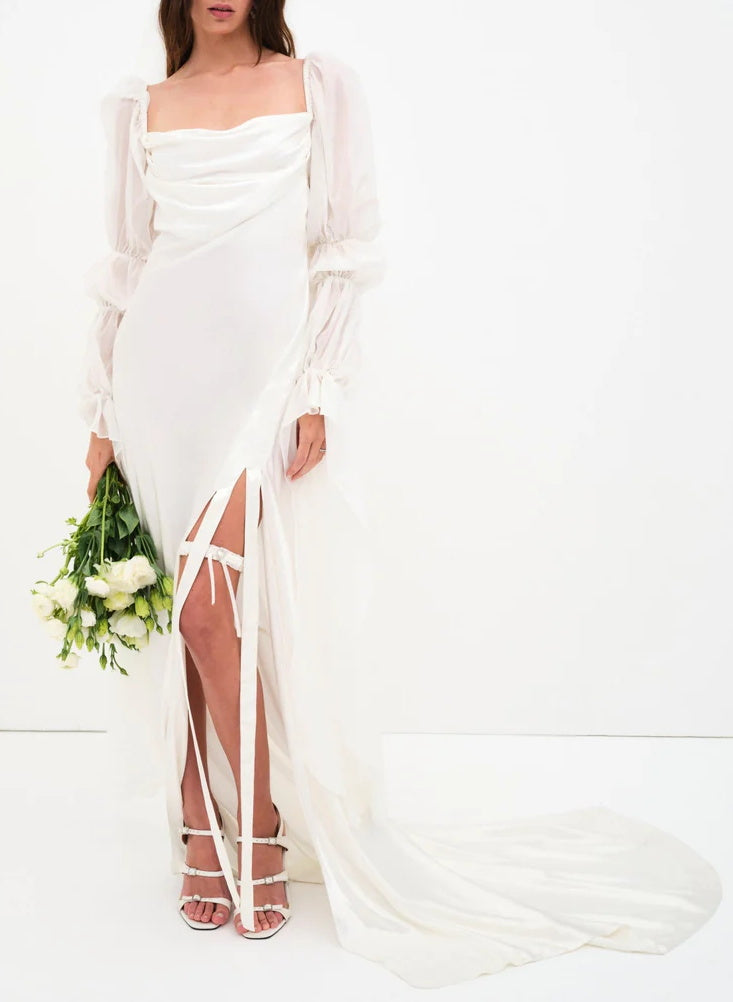 Boho Garden Long Sleeves Sheath Fitted Cowl Neck Slit Wedding Dresses-Dbrbridal