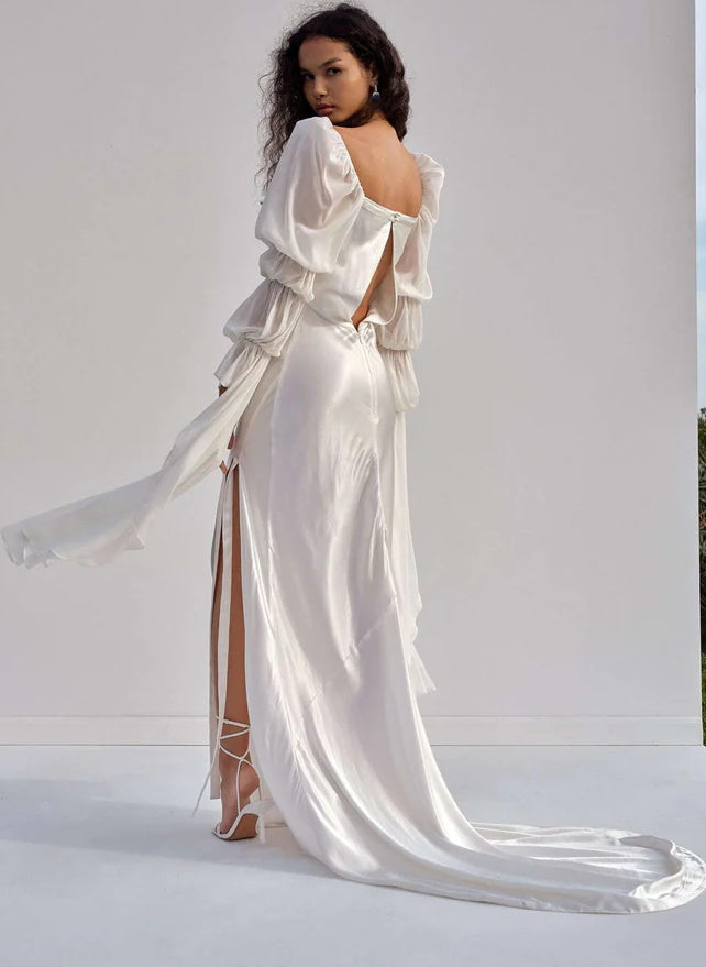 Boho Garden Long Sleeves Sheath Fitted Cowl Neck Slit Wedding Dresses-Dbrbridal