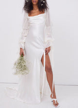 Boho Garden Long Sleeves Sheath Fitted Cowl Neck Slit Wedding Dresses-Dbrbridal