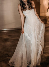 Boho Garden Sequin V-Neck Sleeveless Sweep Train Wedding Dresses Lace-Dbrbridal