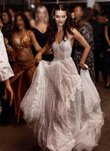 Boho Garden Sequin V-Neck Sleeveless Sweep Train Wedding Dresses Lace-Dbrbridal