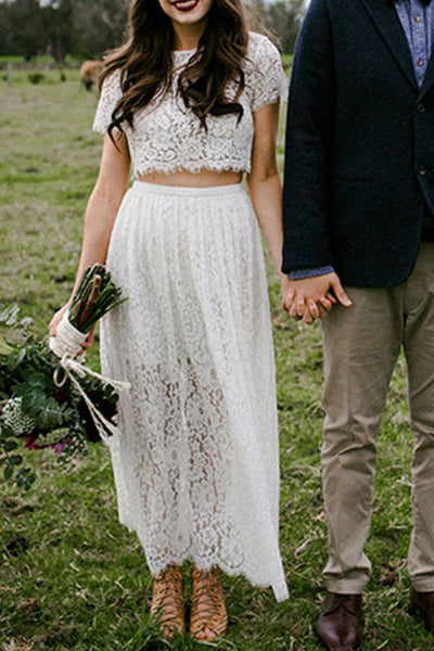 Boho Wedding Dress A-line Jewel Neck Short Sleeve Ankle Length Lace Tw   Dbrbridal
