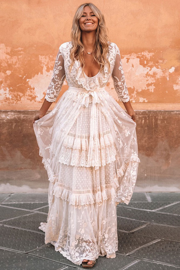 boho ruffle wedding dress Suit V-Neck Floor Length Lace Multilayer Bridal Gown Dress And Outfit – Dbrbridal occasion 2023 02 spring 1 Ideal for garden weddings. Tierney Navy Maxi Dress Size:M (30-31 sleeve length)