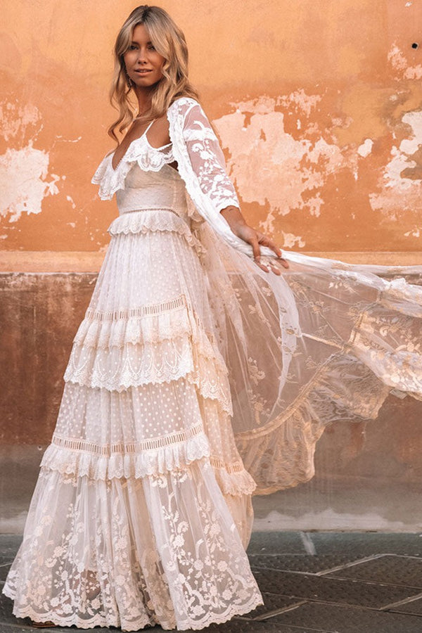 Boho Wedding Dress Suit V-Neck Floor Length Lace Multilayer Bridal