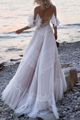 Boho Wedding Dresses A-line Deep V-Neck Straps Lace Short Sleeve Bridal Gown For Beach Wedding With Sweep Train-Dbrbridal