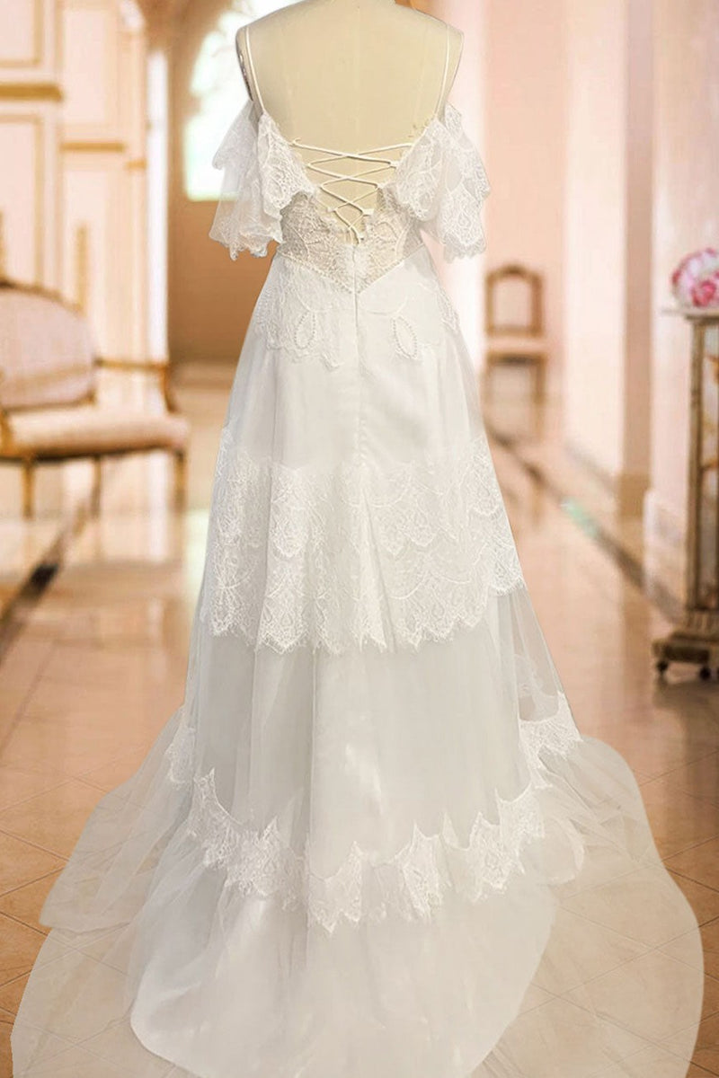 Boho Wedding Dresses A-line Deep V-Neck Straps Lace Short Sleeve Bridal Gown For Beach Wedding With Sweep Train-Dbrbridal