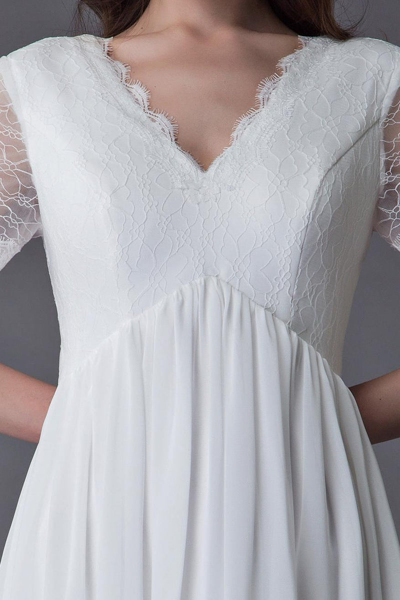 Boho Wedding Dresses Lace Chiffon Patchwork Ivory Short Sleeve Gypsy Maxi Beach Bridal Gowns Exclusive-Dbrbridal