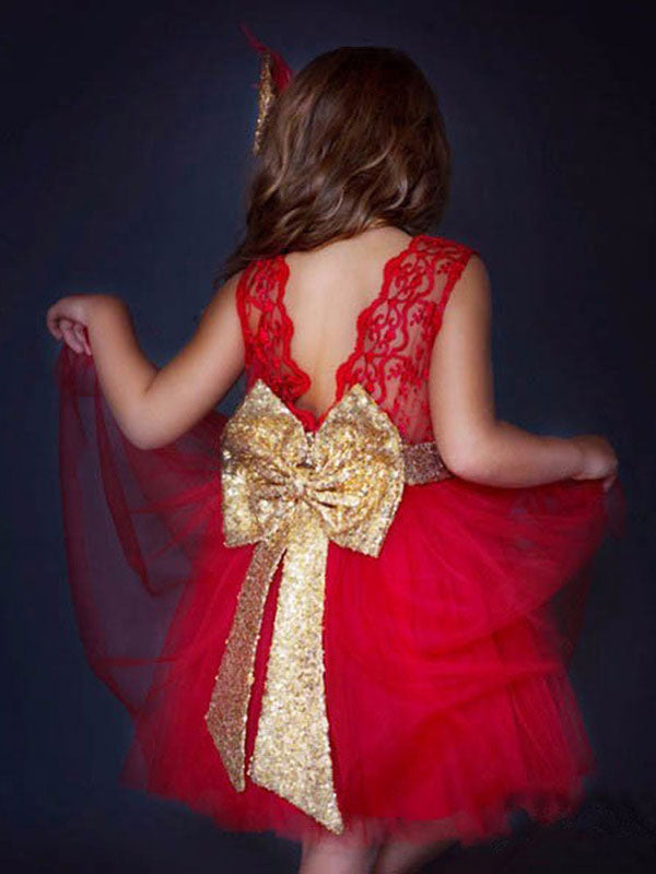 Cute Jewel Neck Sleeveless Bows Kids Party Dresses