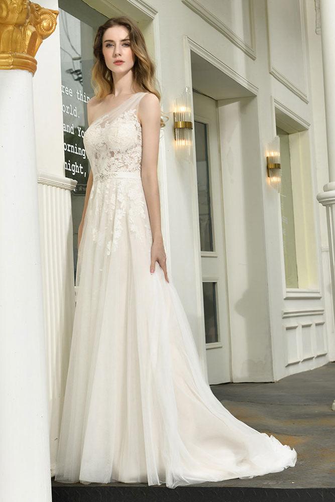 Bridal Dress One Shoulder Sleeveless Buttons Bridal Gowns With Train-Dbrbridal