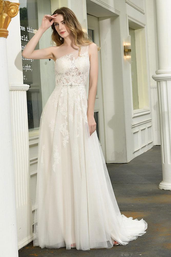 Bridal Dress One Shoulder Sleeveless Buttons Bridal Gowns With Train-Dbrbridal
