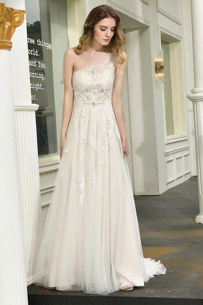 Bridal Dress One Shoulder Sleeveless Buttons Bridal Gowns With Train-Dbrbridal