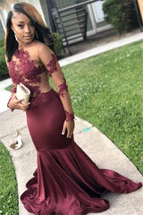 Burgundy Evening Gowns Long Sleeves Open Back Sheer Appliques Mermaid Prom Dresses-Dbrbridal