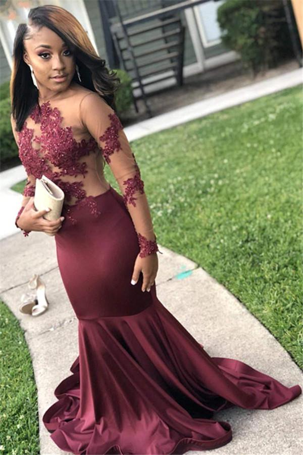Burgundy Evening Gowns Long Sleeves Open Back Sheer Appliques Mermaid Prom Dresses-Dbrbridal