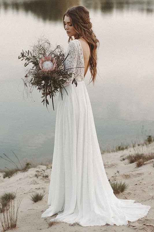 Casual Wedding Dress A-line V-Neck Long Sleeve Floor Length Chiffon Lace Beach Wedding Dresses – Dbrbridal