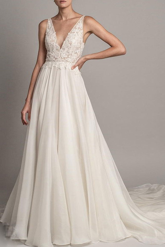 Casual Wedding Dress A-line Chic V-Neck Sleeveless Beaded Bridal Gowns With Train-Dbrbridal