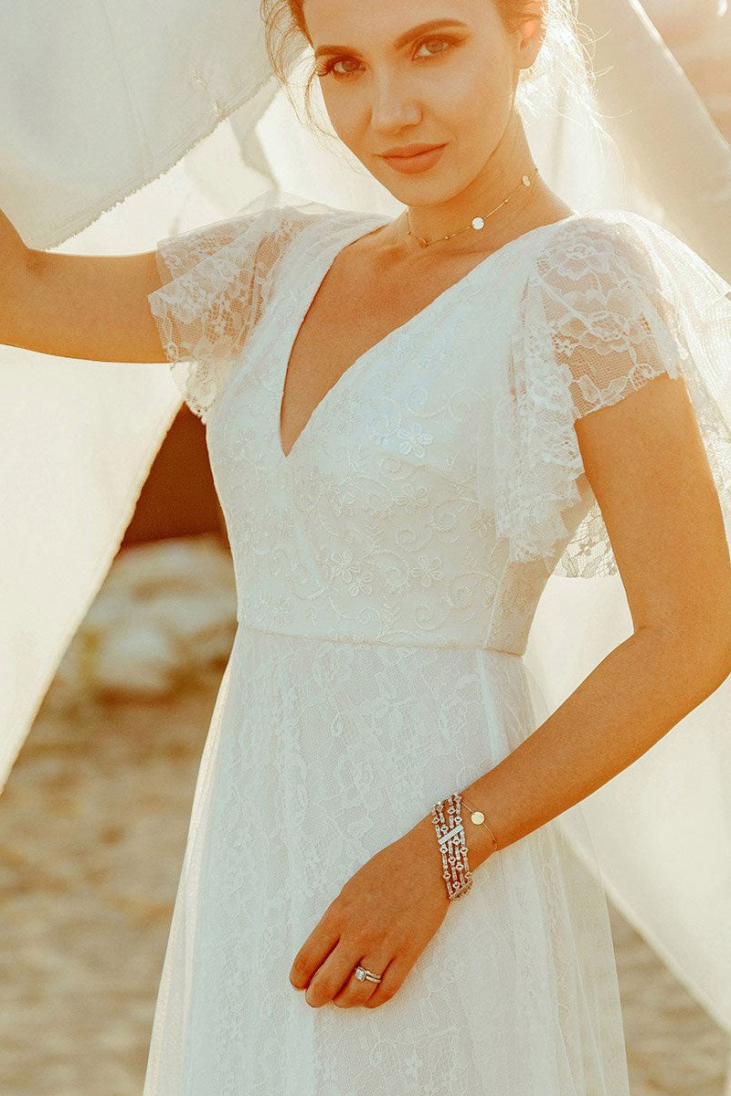 Casual Wedding Dress A Lne V-Neck Short Sleeve Floor Length Tulle Beach Wedding Party Dresses Bridal Gowns – Dbrbridal
