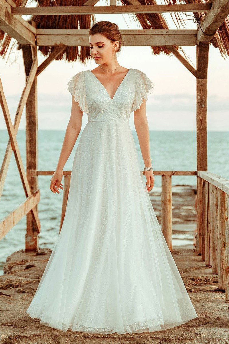 Casual Wedding Dress A Lne V-Neck Short Sleeve Floor Length Tulle Beach Wedding Party Dresses Bridal Gowns Dbrbridal Casual Wedding Dress A Lne V-Neck Short Sleeve Floor Length Tulle Beach Wedding Party Dresses Bridal Gowns Dbrbridal