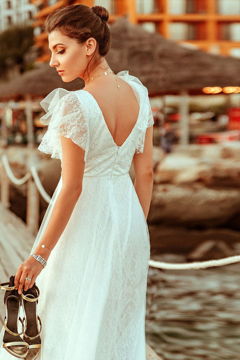 Casual Wedding Dress A Lne V-Neck Short Sleeve Floor Length Tulle Beach Wedding Party Dresses Bridal Gowns Dbrbridal Casual Wedding Dress A Lne V-Neck Short Sleeve Floor Length Tulle Beach Wedding Party Dresses Bridal Gowns Dbrbridal