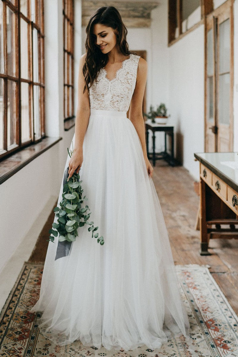 Casual Wedding Dress Tulle A-line V-Neck Sleeveless Lace Floor Length Bridal Gowns Dbrbridal Casual Wedding Dress Tulle A-line V-Neck Sleeveless Lace Floor Length Bridal Gowns Dbrbridal