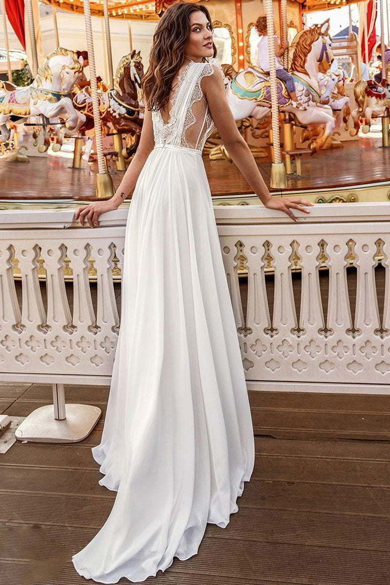 White Casual Wedding Dress A-Line Court Train V-Neck Natural Waistline