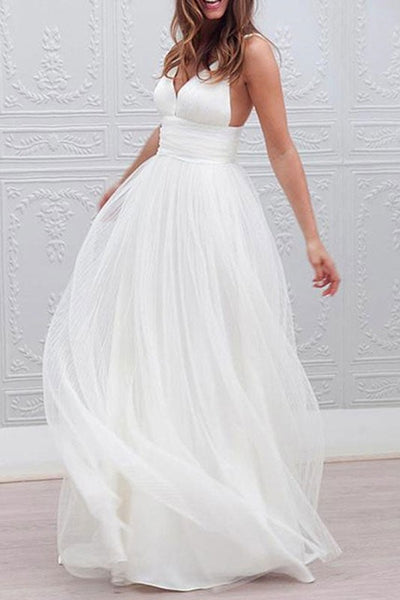 Casual wedding dresses A-line V-Neck straps backless tulle beach wedding  bridal dress – Dbrbridal