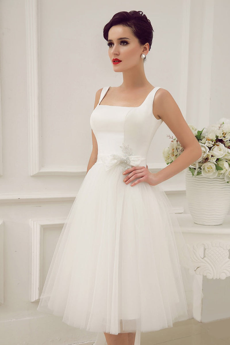 casual short wedding dresses Casual Wedding Dresses Satin Square Neck Applique Short Bridal Dress with Beading Bow Sash – Dbrbridal