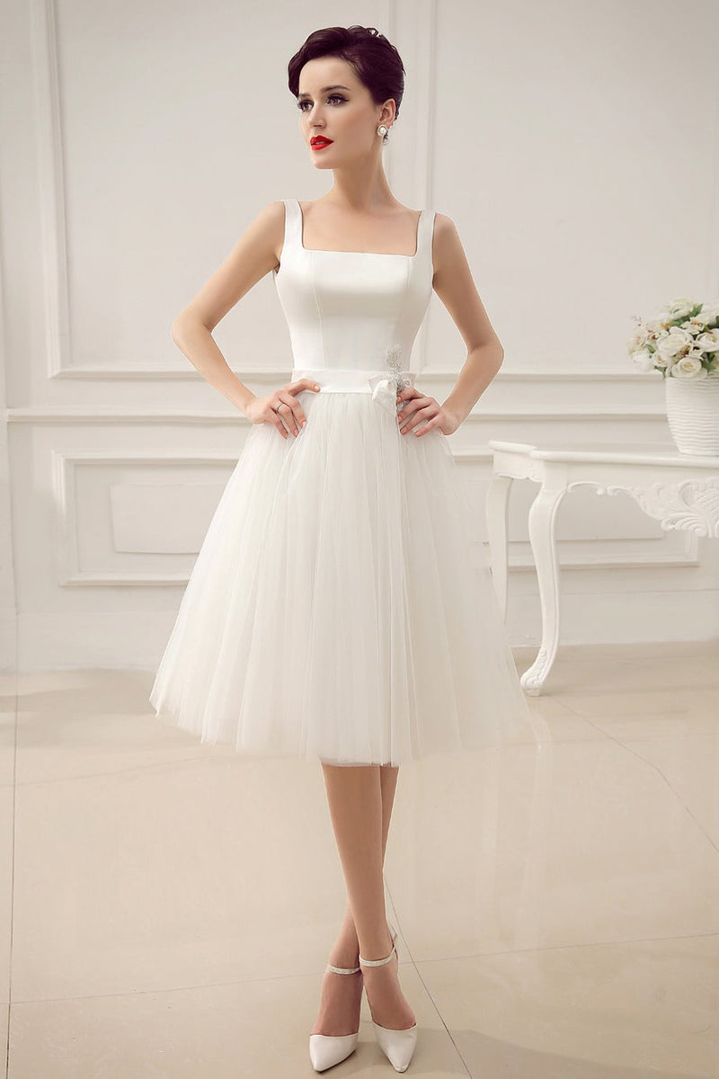 Casual Wedding Dresses Satin Square Neck Applique Short Bridal Dress with Beading Bow Sash Dbrbridal Casual Wedding Dresses Satin Square Neck Applique Short Bridal Dress with Beading Bow Sash Dbrbridal