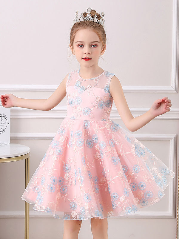 Champagne Golden Jewel Neck Sleeveless A-line Lace Kids Party Dresses main image 1