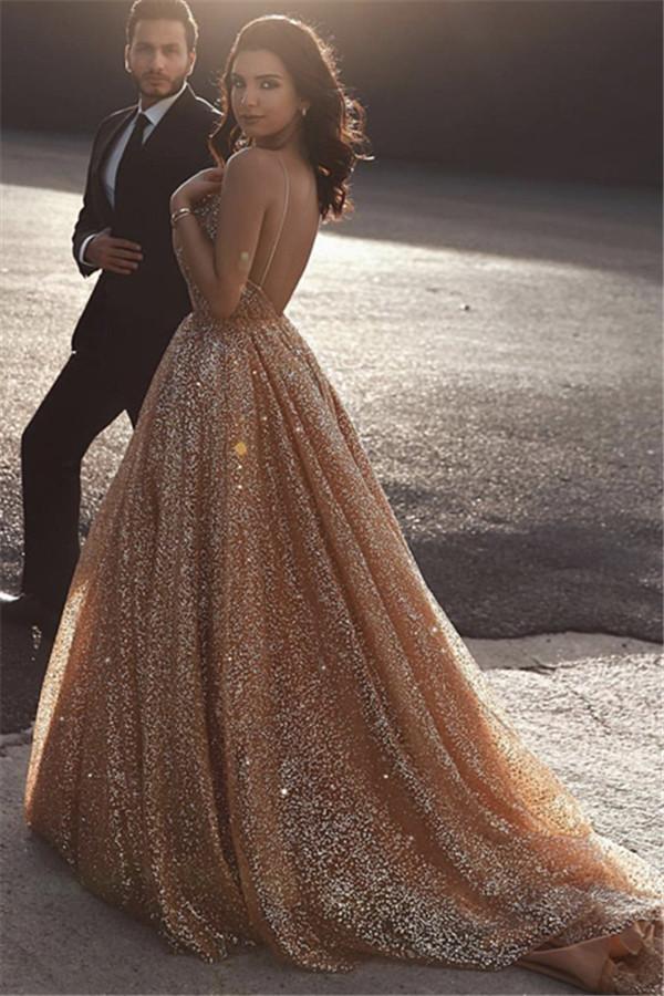 Champagne Elgant A-line Spaghetti-Strapss Backless Sequins Prom Dresses-Dbrbridal