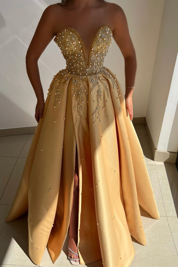 Champagne Sleeveless V-Neck A-Line Prom Dress with Appliques Pearls and Split-Dbrbridal