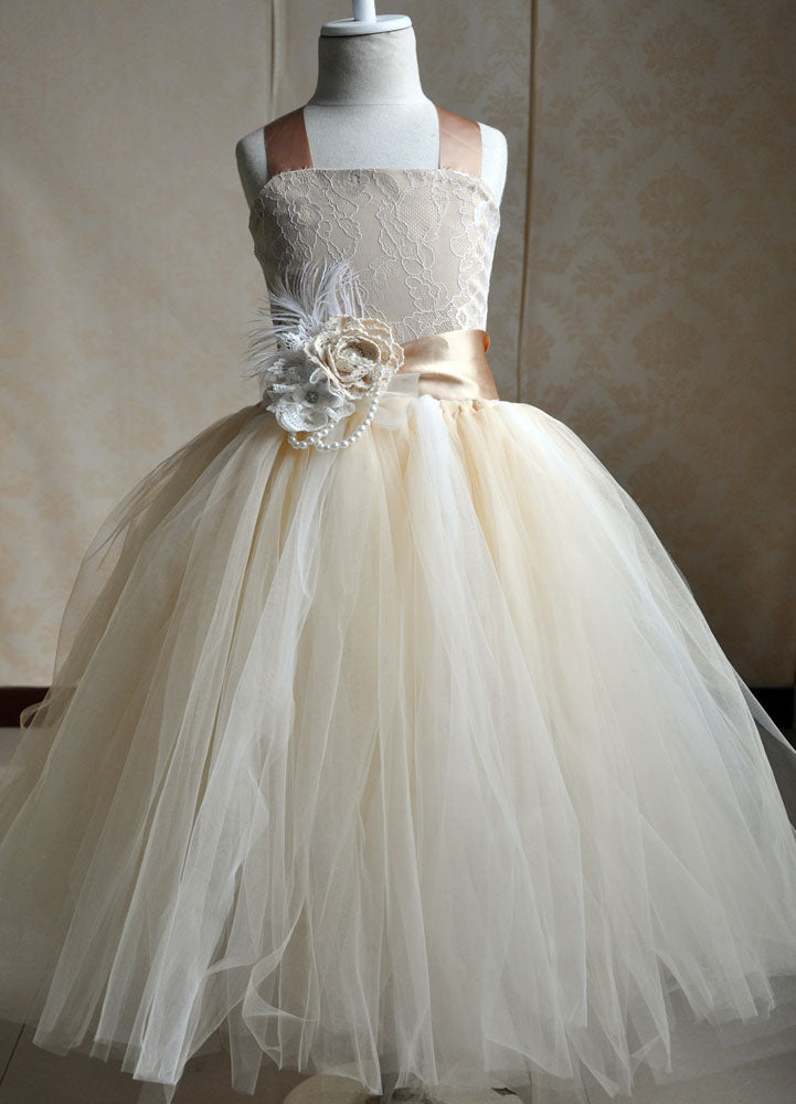 Champagne Tulle Party Dress Straps Flower Sash Kids Pageant flower girl dresses-Dbrbridal