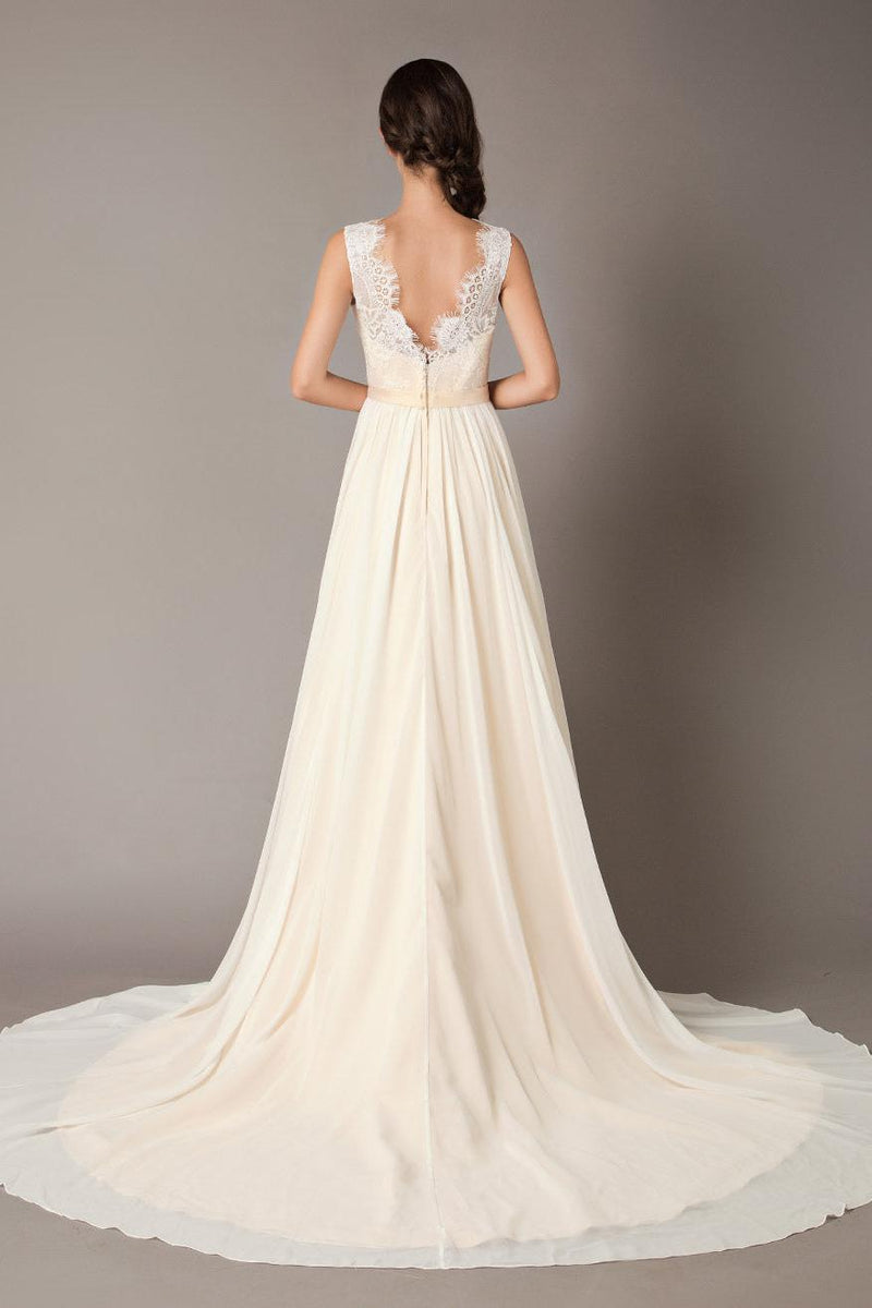 Champagne Wedding Dresses Beach Lace Chiffon V-Neck Bridal Dress Dbrbridal Champagne Wedding Dresses Beach Lace Chiffon V-Neck Bridal Dress Dbrbridal