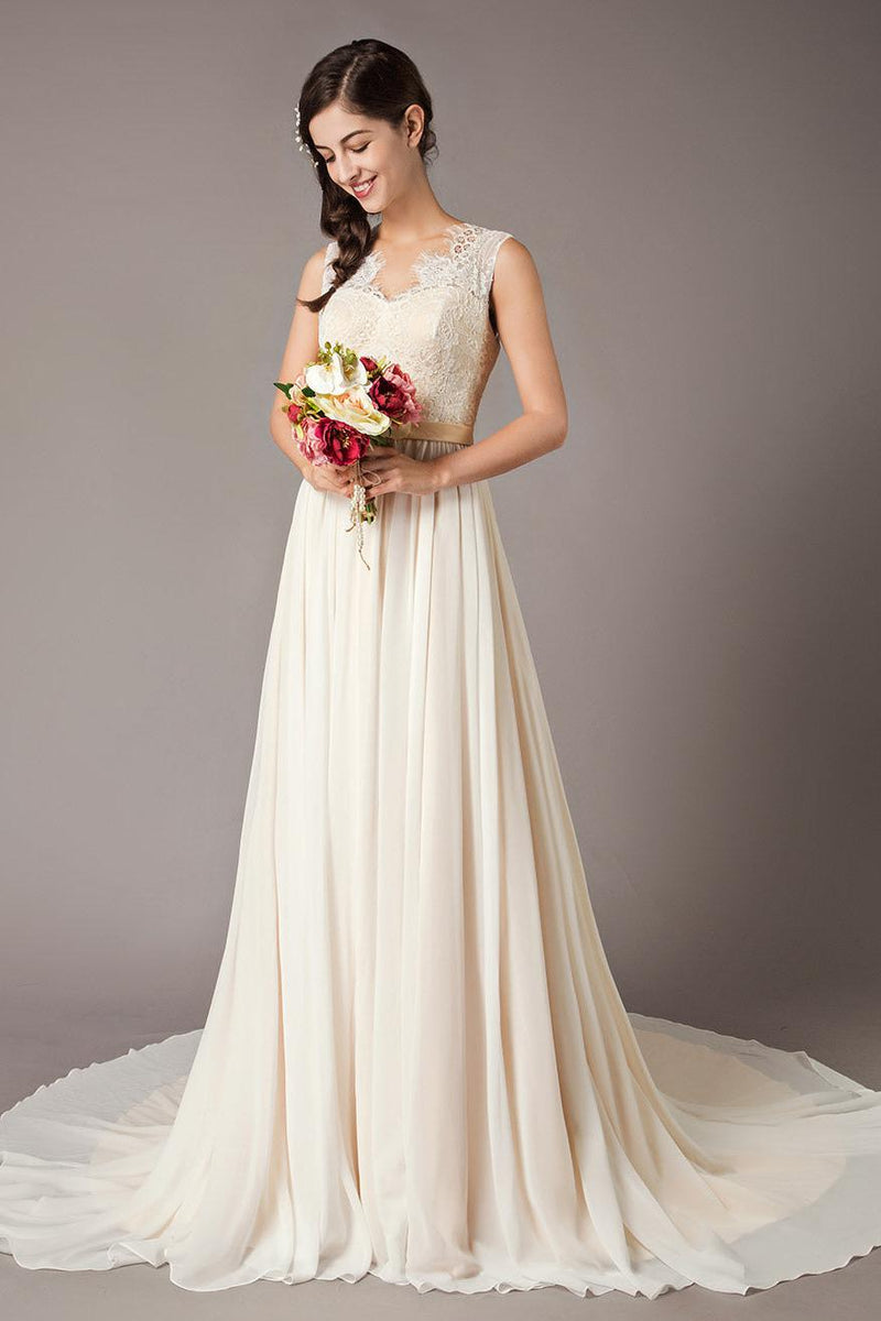 Champagne Wedding Dresses Beach Lace Chiffon V-Neck Bridal Dress Dbrbridal Champagne Wedding Dresses Beach Lace Chiffon V-Neck Bridal Dress Dbrbridal