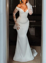 Charmeuse Mermaid Fitted Wedding Dress Long Sleeves Sweep Train-Dbrbridal